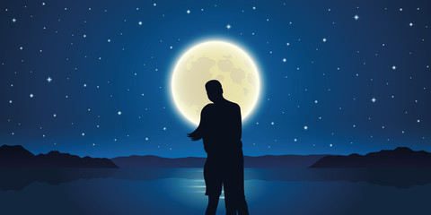 Wall Mural - romantic night couple in love at the sea with full moon vector illustration EPS10