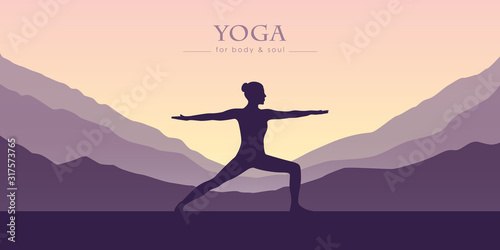Fotomural girl makes yoga mountain view purple landscape vector illustration EPS10