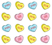 Vector Seamless Pattern Of Hand Drawn Doodle Sketch Valentine Candy Hearts With Love Text Isolated On White Background