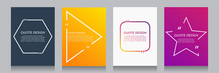 Vector minimalist posters set. Quote frames blank templates set. Isolated textbox. Text in brackets. Citation empty speech bubbles. Color background. Simple color shape. Book page, cover, flyer design
