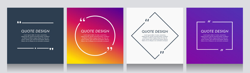 Vector minimalist posters set. Quote frames blank templates set. Isolated textbox. Text in brackets. Citation empty speech bubbles. Color background. Simple color shape. Social media template