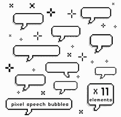 Poster - Set of pixel art speech bubbles like in 8-bit arcade game. Retrowave and vaporwave style design elements.