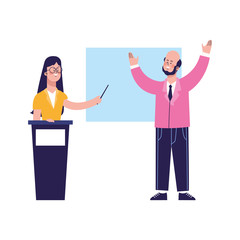 Wall Mural - cartoon businessman and woman on tribune pointing a board, colorful design