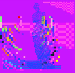 Poster - Abstract surreal composition with Venus sculpture and random pixel noise in bright pink and violet colors. Vaporwave trendy print for t-shirt and apparel.