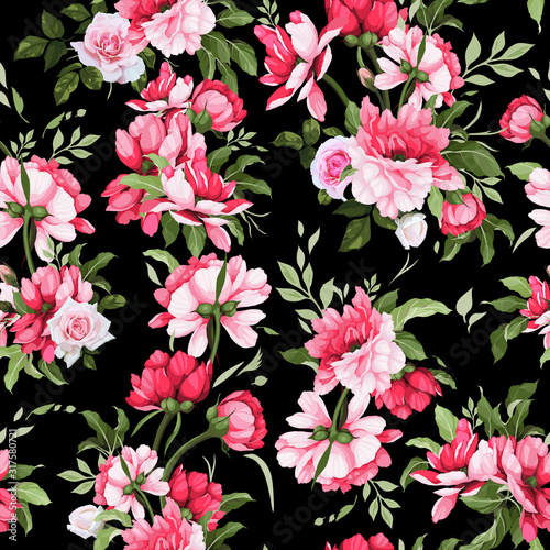 Seamless floral pattern with roses, watercolor. Vector illustration.