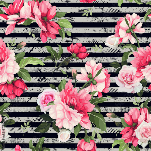 Obraz w ramie Seamless floral pattern with flowers, watercolor. Vector illustration.