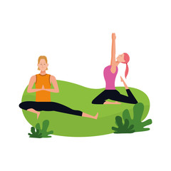 Wall Mural - Happy woman and man doing yoga outdoors, colorful design