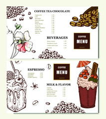 Wall Mural - Coffee illustration. Hand drawn vector banner. Coffee beans, bag, dessert, branch. Menu