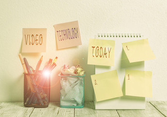 Fototapete - Word writing text Video Technology. Business photo showcasing recording and playing back of moving pictures and sound 6 Sticky Notes on Wall Open Spiral Notebook 2 Pencil Pots on Work Desk