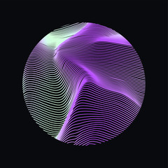 Poster - Illuminated holographic circle with glitched texture, wavy lines. Retrofuturistic illustration in 80s-90s Vaporwave, synthwave, retrowave style.