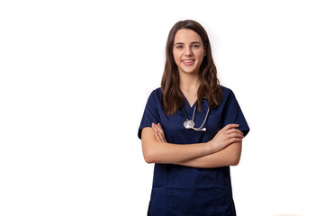 cheerful young female doctor with stethoscope over neck looking at camera isolated on white