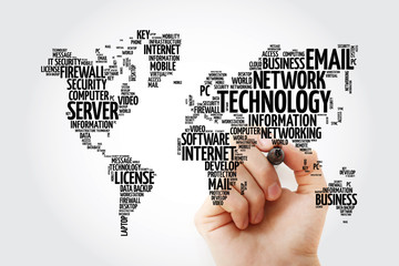 Poster - technology word cloud in shape of world map, business concept background