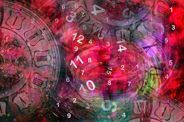 Wall Mural - red background with clock and numbers.