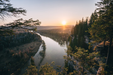  Beautiful morning landscape, first sun rays appears over mountains and river valley, Usva, Ural mountains.