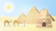 Egyptian Sphinx and Pyramids. Desert. A man leads camels through the desert. Vector illustration.