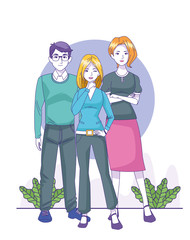 cartoon man with two girls standing, colorful design