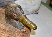 Antique Duck Decoy With Head Made Of Wood And Body Of Cork.  Closeup.  Copy Space.