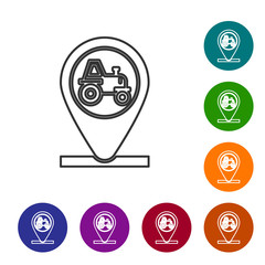 grey line tractor and location icon isolated on white background. set icons in color circle buttons.