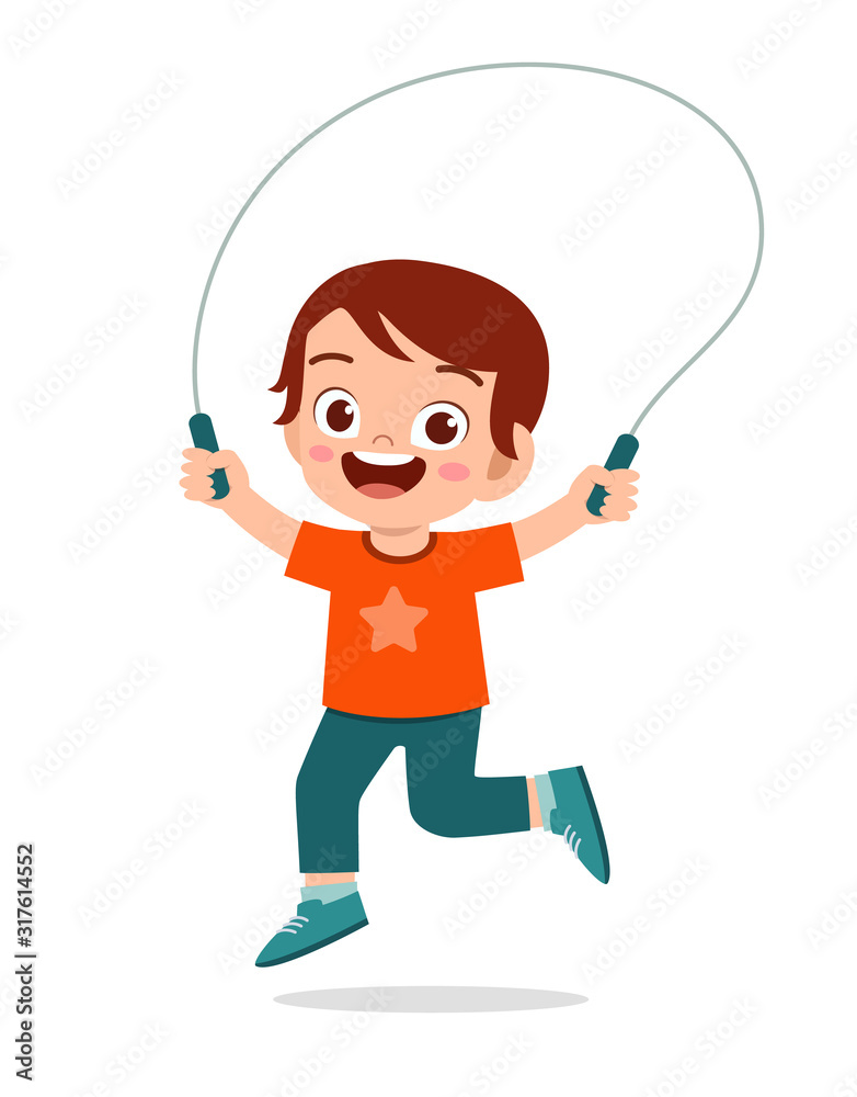happy cute kid boy play jump rope Stock Vector | Adobe Stock