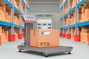 Poster - Warehouse scale with parcel in storehouse, 3D rendering
