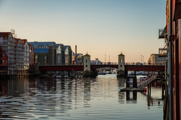 Wall Mural - Evening sunset cityscape of Trondheim, Norway - architecture background in july 2019