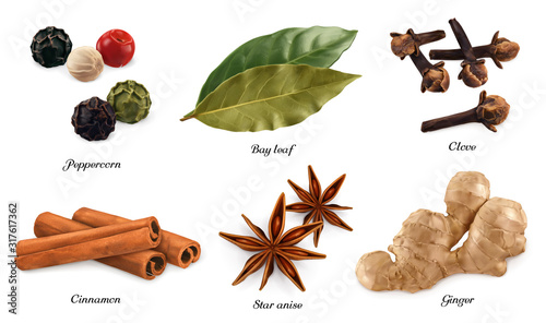 Fotomural Peppercorn, bay leaf, dried cloves, cassia cinnamon, star anise, ginger root