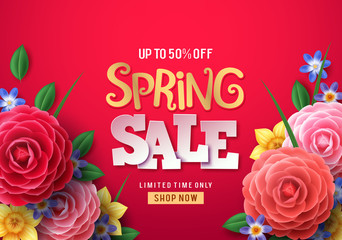 Wall Mural - Spring sale vector banner. Spring sale text with colorful camellia flowers and crocus flower in red background for spring seasonal promotion. Vector illustration.