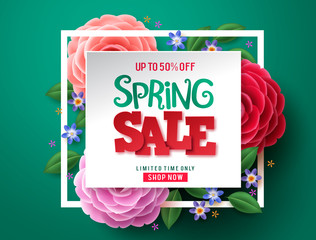 Wall Mural - Spring sale flowers vector design. Spring sale discount text and colorful camellia flowers in white space and frame in green background. Vector illustration.