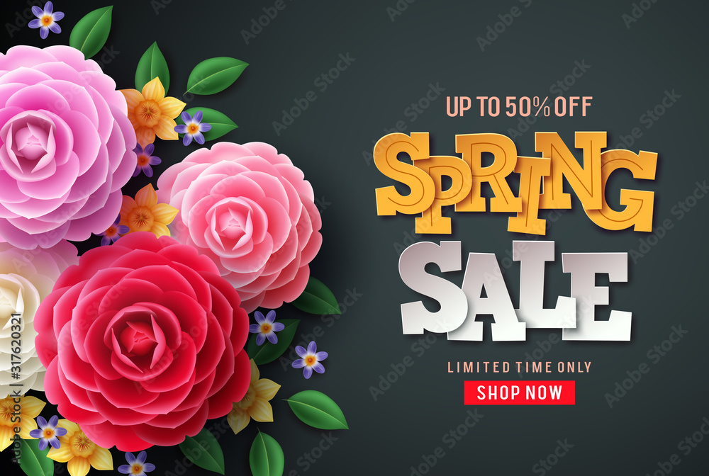 Spring sale vector flowers background. Spring sale text, colorful camellia flowers and crocus flowers in back background for spring seasonal promotion. - obrazy, fototapety, plakaty 