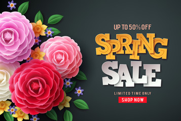 Wall Mural - Spring sale vector flowers background. Spring sale text, colorful camellia flowers and crocus flowers in back background for spring seasonal promotion.