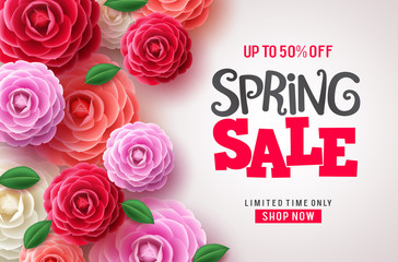 Wall Mural - Spring sale vector flowers background. Spring sale discount text and clorful camellia flowers in white background for spring seasonal marketing promotion. Vector illustration.