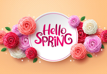 Wall Mural - Hello spring flowers vector background. Hello spring greeting text in white space and colorful camellia flowers in orange pattern background. Vector illustration.