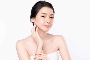 Wall Mural - Portrait beautiful young asian woman clean fresh bare skin concept. Asian girl beauty face skincare and health wellness, Facial treatment, Perfect skin, Natural make up, on white background,two