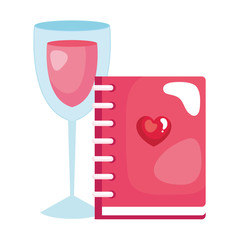 Canvas Print - notebook with heart and cup glass with wine