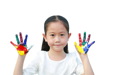 Wall Mural - Portrait of Asian little girl with colorful hands paints isolated on white background.