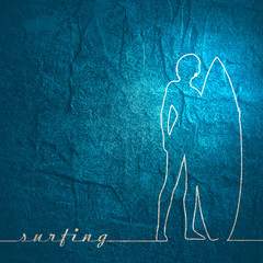 Wall Mural - woman posing with surfboard. vintage surfing graphic for web design. thin line style