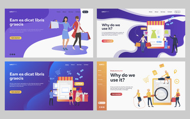 Poster - Set of customers ordering purchases online. Flat vector illustrations of fashionable people shopping. Online shopping, purchase, delivery concept for banner, website design or landing web page