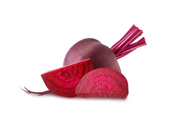 Wall Mural - Beet root slices. Whole ripe raw beetroot and slices isolated on white background