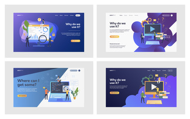 Poster - Software and app set. People using computers, writing code, watching online seminar. Flat vector illustrations. Education, programming, analysis concept for banner, website design or landing web page