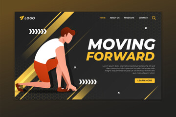 Wall Mural - Sport landing page with man ready to run illustration. Sport web page template design
