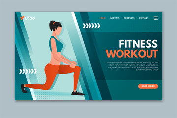 Wall Mural - Fitness workout landing page with woman exercising. Sport web page template design for gym, personal trainer and fitness center