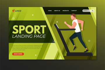 Wall Mural - Sport landing page with man running on treadmill. Web page template design for gym, personal trainer and fitness center