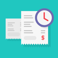 Payment schedule time notification reminder or money budget transaction waiting vector, flat cartoon timer or clock with paper receipts, annual tax pay time awaiting image