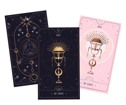 of cups. minor arcana secret card, black with gold and silver card, pink with gold, illustration wit