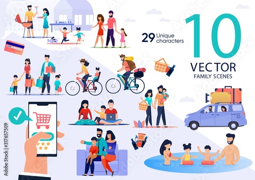 Family Summer Vacation Leisure and Recreation, Holidays Travel Trendy Flat Vector Scenes Set. Parents with Kids Cooking Barbeque, Going on Shopping and Picnic, Traveling on Bicycles, Swimming in Pool