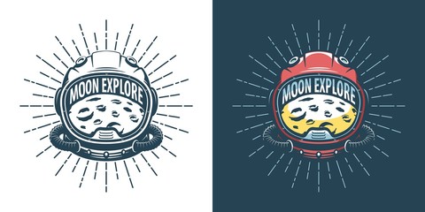 Wall Mural - astronaut helmet and moon - vintage logo. space explore retro emlem. vector illustration.