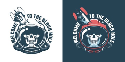 Skull in astronaut helmet with stumbled space rocket. Spaceman skeleton - vintage logo. Vector illustration.