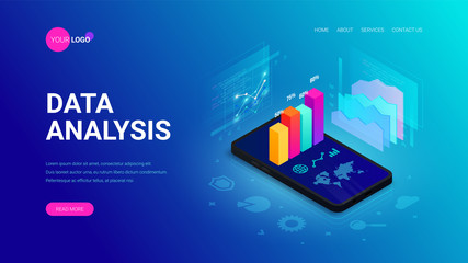 Data analysis isometric landing page concept. 3d graph data on smartphone screen, statistics report, icons on blue. Vector illustration for mobile app, website template, SEO, marketing infographic