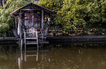 Wall Mural - Old wooden house at alongside of canal and there is a large tree covering the house, There is one dog which is sleeping and dreaming.