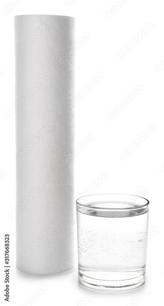 Glass of clean water and filter on white background